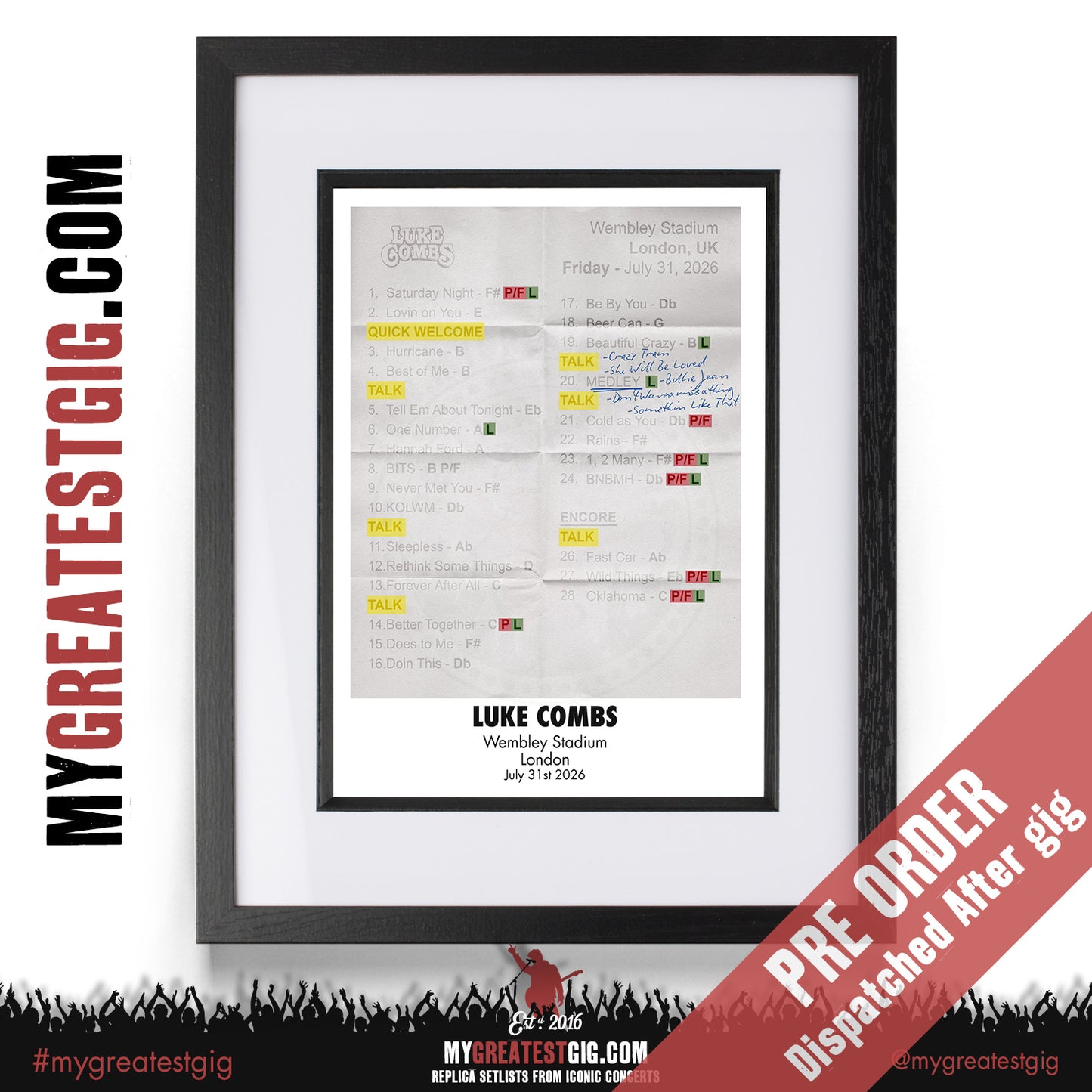 Luke Combs - My Kinda Saturday Night Tour 2026 - Replica Setlist Posters