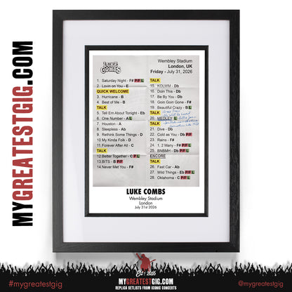 Luke Combs - My Kinda Saturday Night Tour 2026 - Replica Setlist Posters