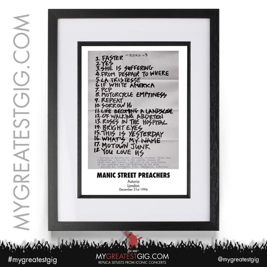 Manic Street Preachers - London - December 21st 1994 Replica Setlist Poster