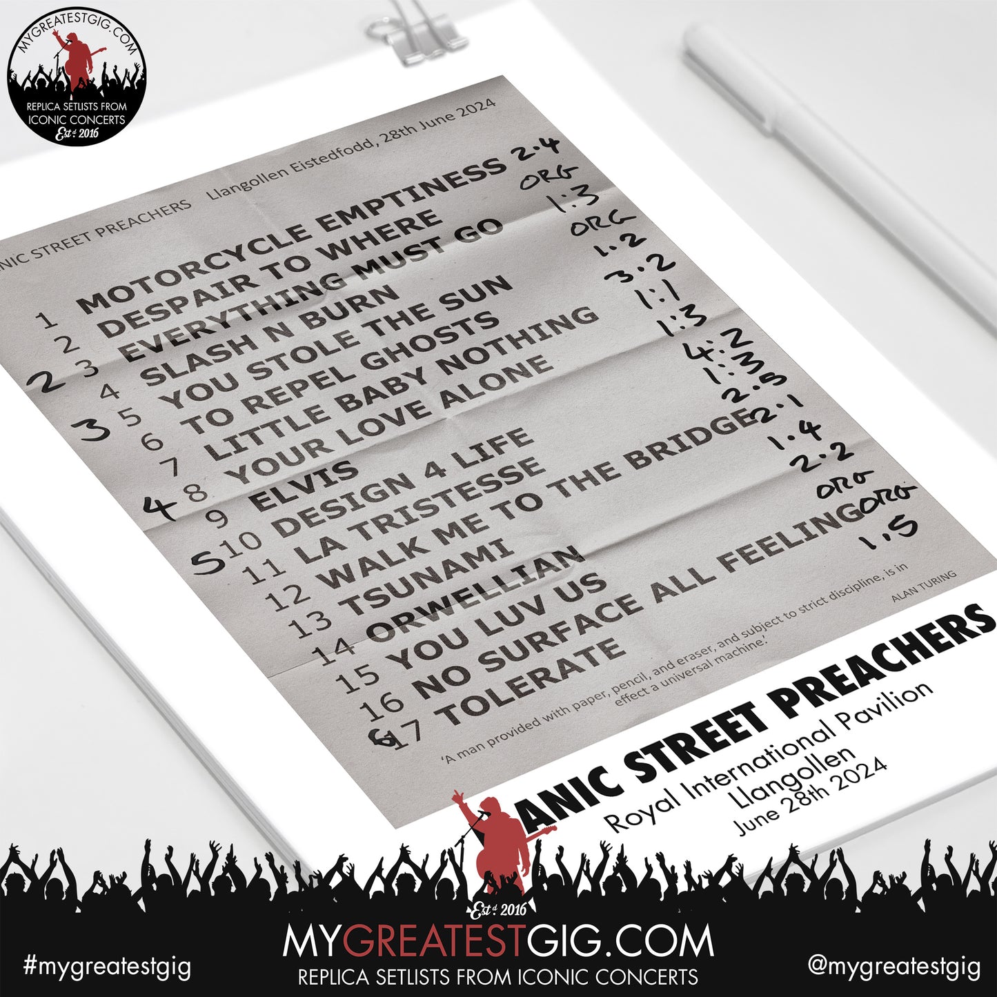 Manic Street Preachers - Llangollen - June 28th 2024 Replica Setlist Poster