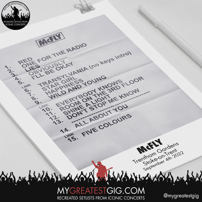 McFly - Stoke-On-Trent - September 4th 2022 Recreated Setlist Poster
