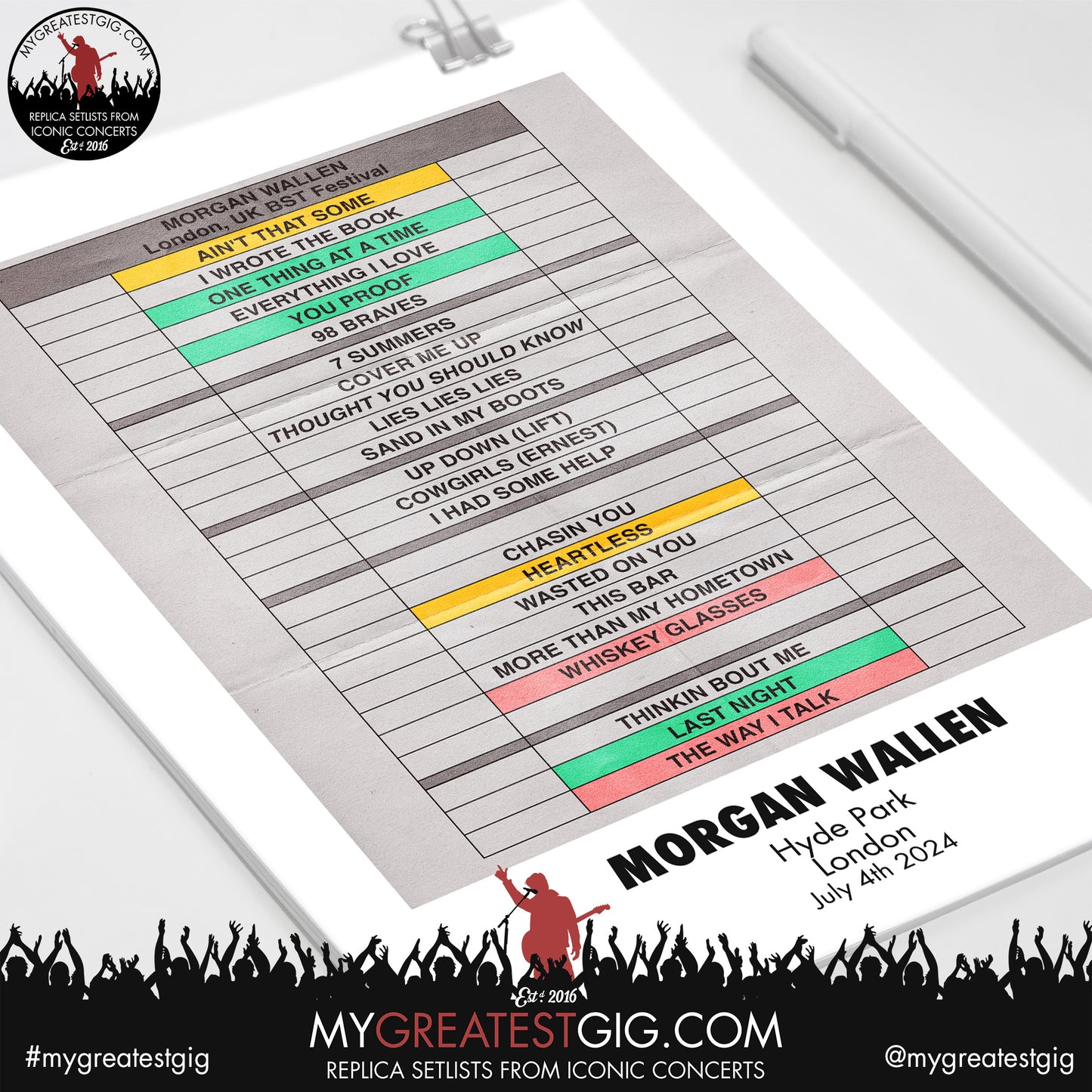 Morgan Wallen - London - July 4th 2024 Replica Setlist Poster