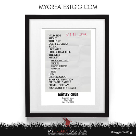Mötley Crüe - Sheffield - May 22nd 2023 Recreated Setlist Poster