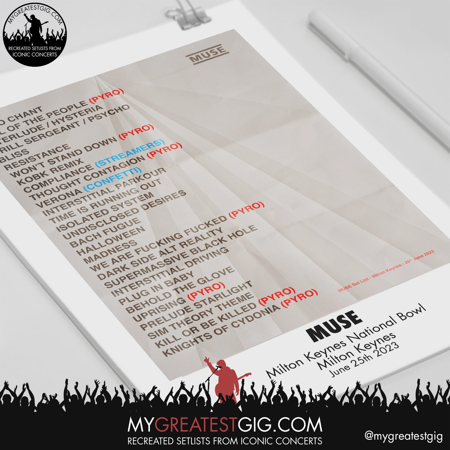 Muse - Milton Keynes - June 25th 2023 Recreated Setlist Poster