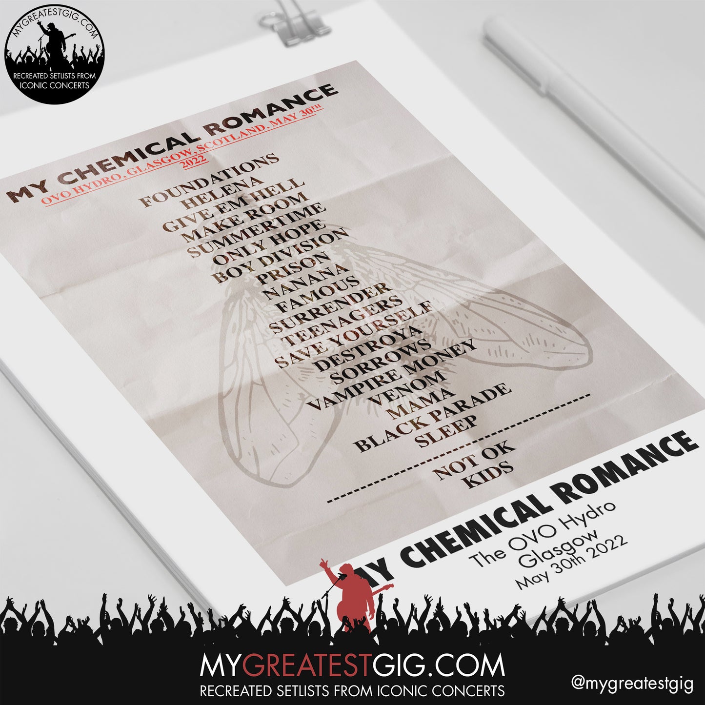 My Chemical Romance - Glasgow - May 30th 2022 Recreated Setlist Poster