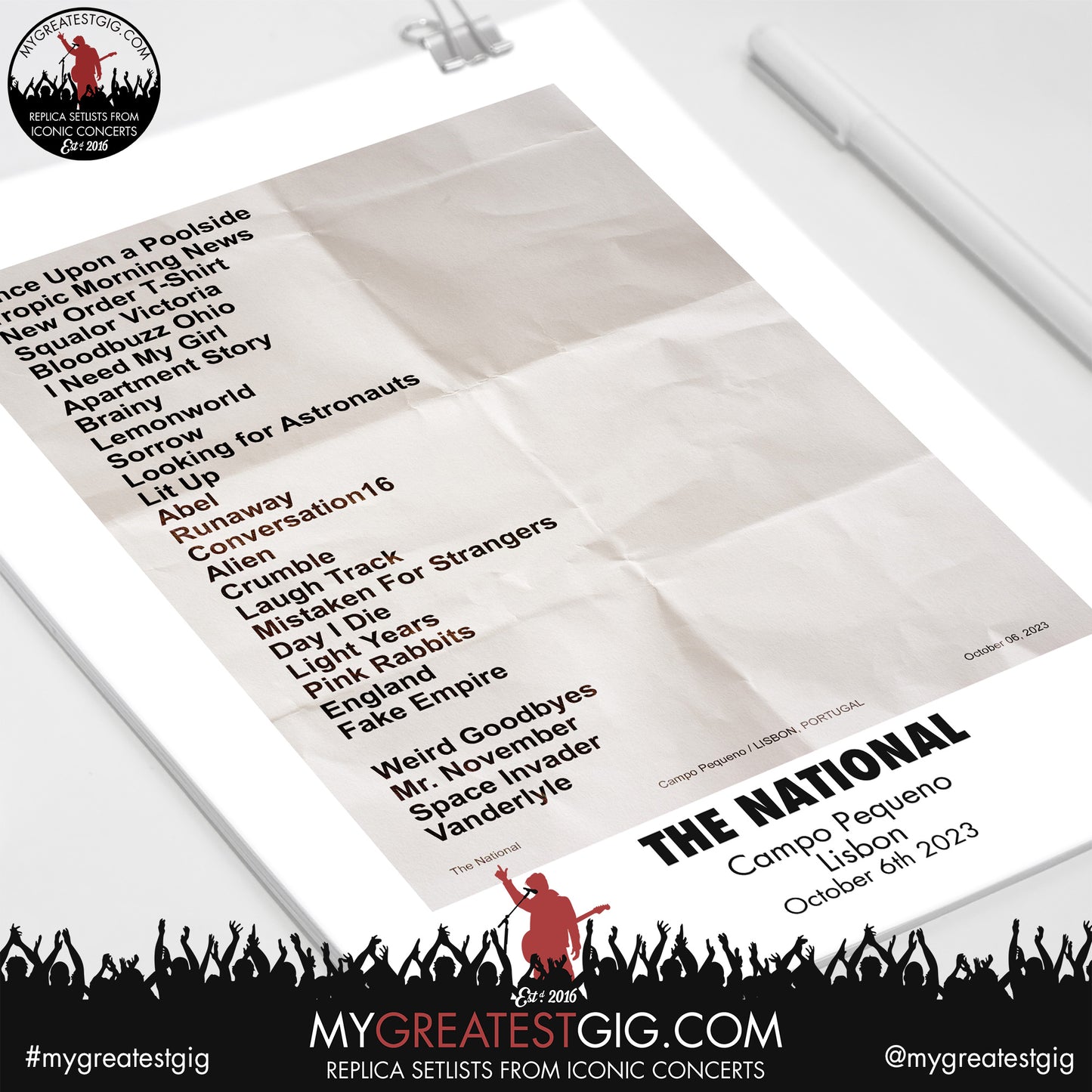 The National - Lisbon - October 6th 2023 Replica Setlist Poster