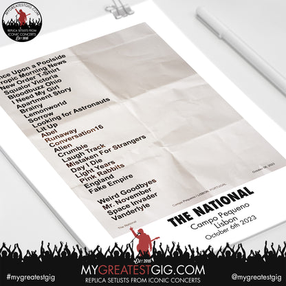 The National - Lisbon - October 6th 2023 Replica Setlist Poster