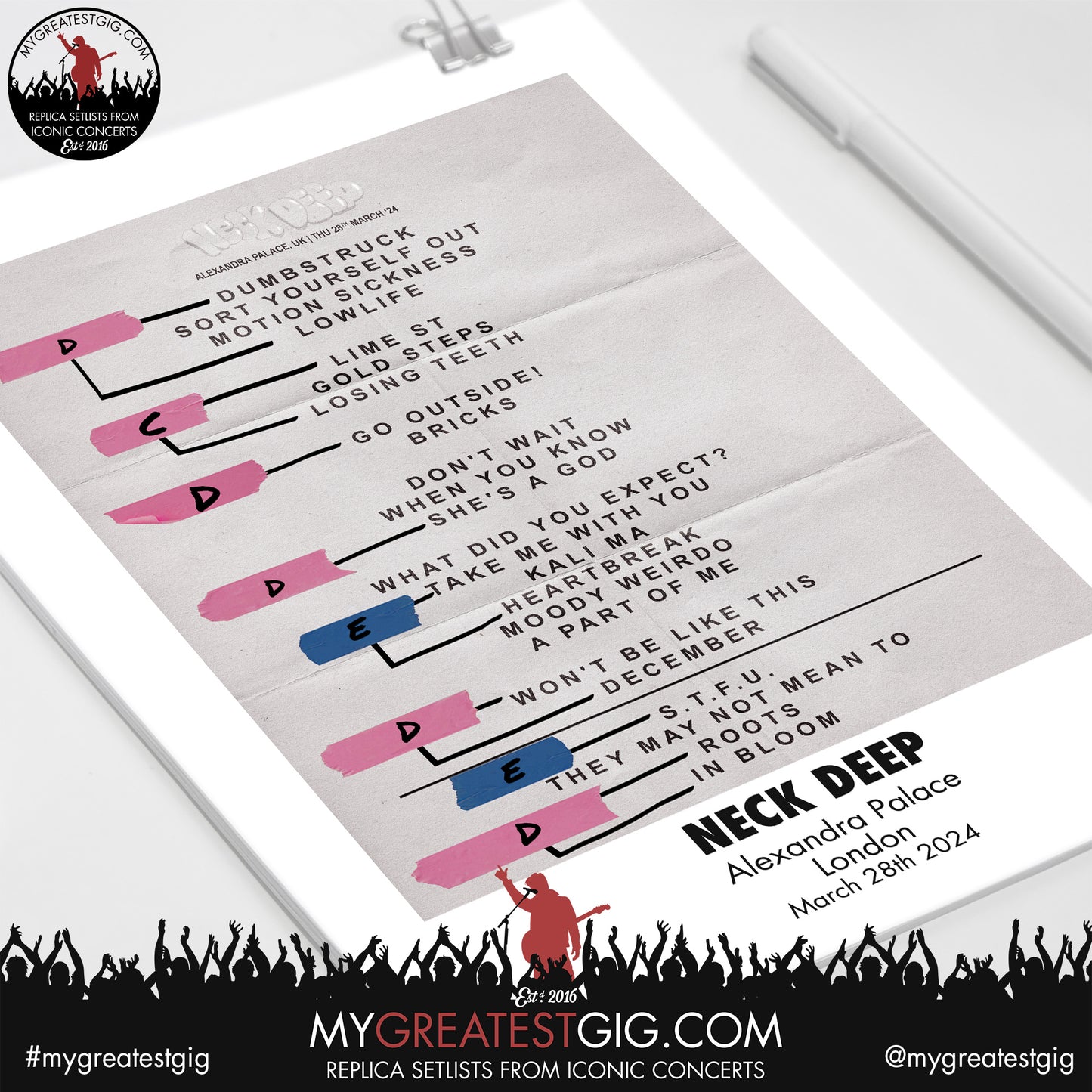 Neck Deep - London - March 28th 2024 Replica Setlist Poster