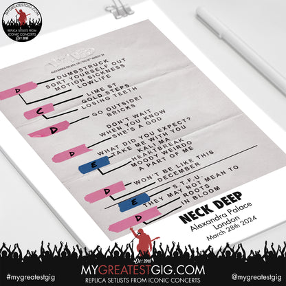 Neck Deep - London - March 28th 2024 Replica Setlist Poster