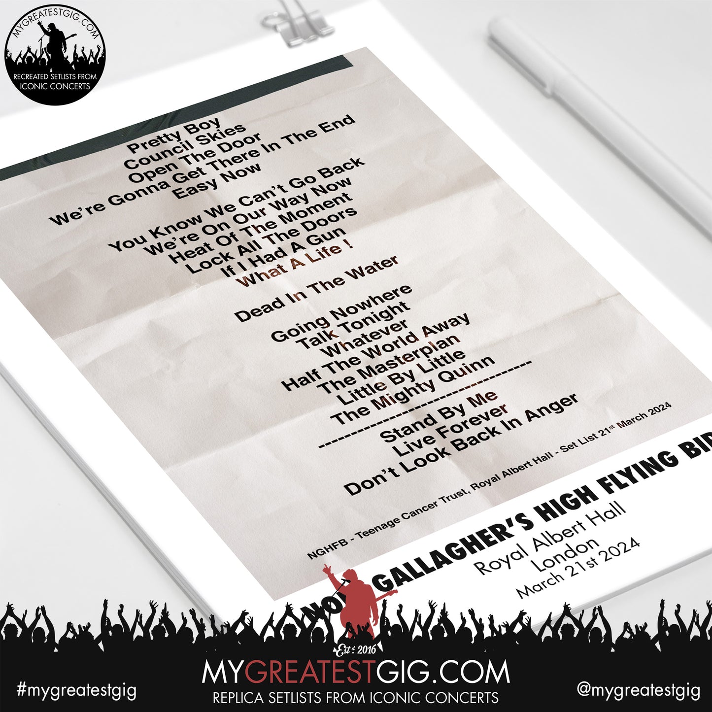 Noel Gallagher's High Flying Birds - Royal Albert Hall - March 21st 2024 Replica Setlist Poster