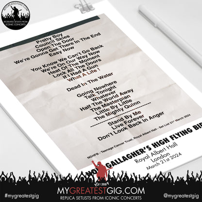 Noel Gallagher's High Flying Birds - Royal Albert Hall - March 21st 2024 Replica Setlist Poster