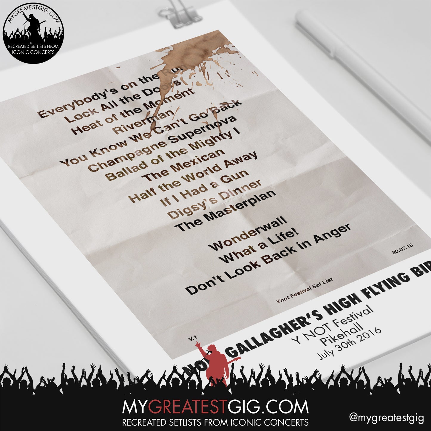 Noel Gallagher's High Flying Birds - Y NOT Festival - July 30th 2016 Replica Setlist Poster