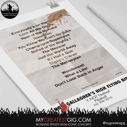 Noel Gallagher's High Flying Birds - Y NOT Festival - July 30th 2016 Replica Setlist Poster