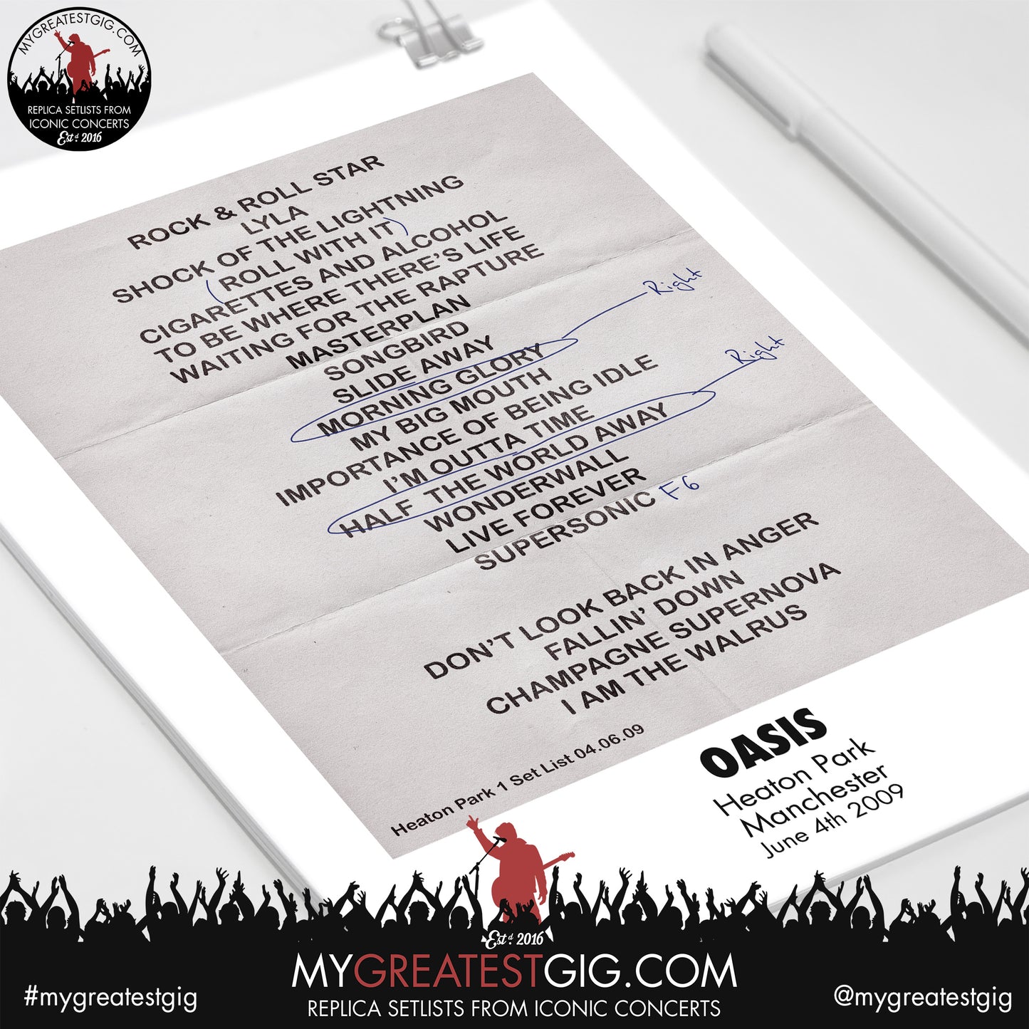 Oasis - Heaton Park - June 4th /  6th 7th  2009 Replica Set List Poster