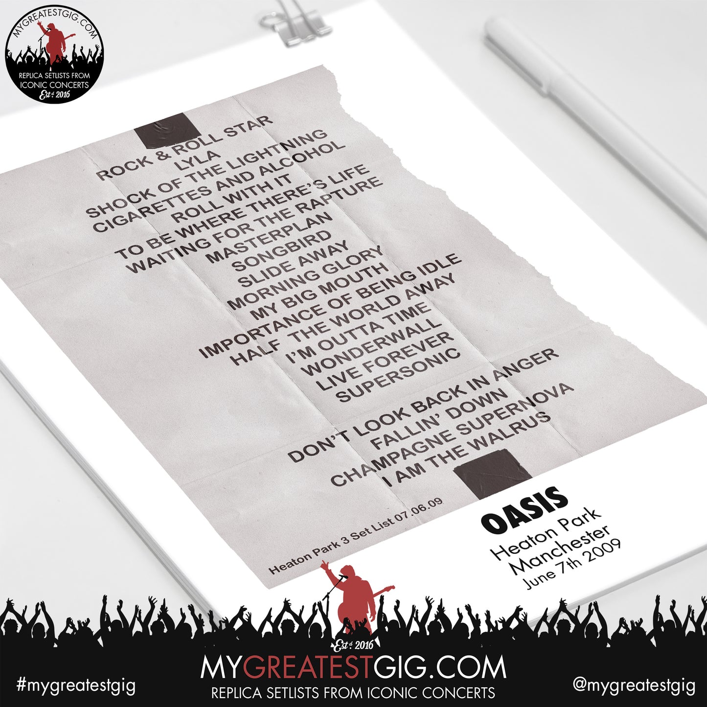 Oasis - Heaton Park - June 4th /  6th 7th  2009 Replica Set List Poster