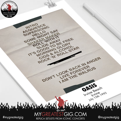 OASIS - Irvine - Jul 15th 1995 Recreated Set List Poster