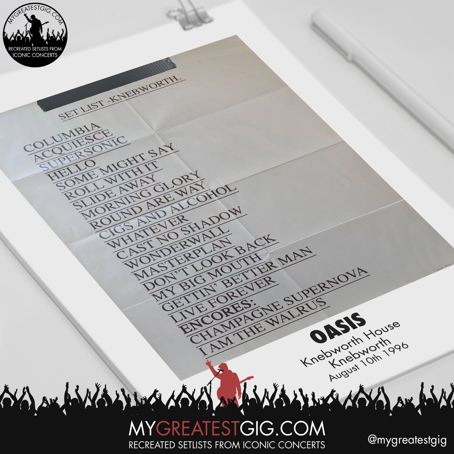 Oasis - Knebworth - Aug 10th 1996 Recreated Set List Poster