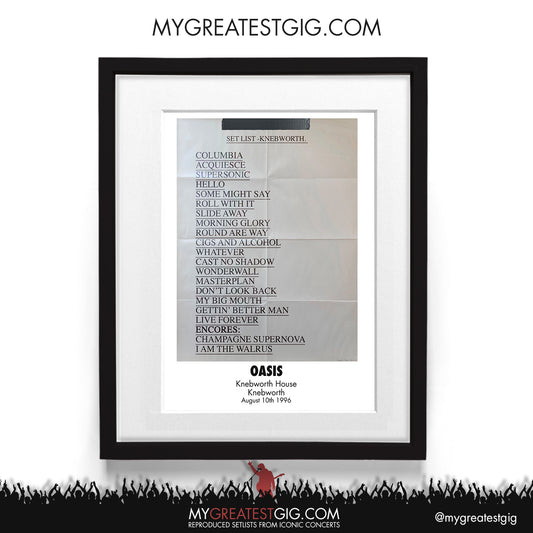 Oasis - Knebworth - Aug 10th 1996 Recreated Set List Poster