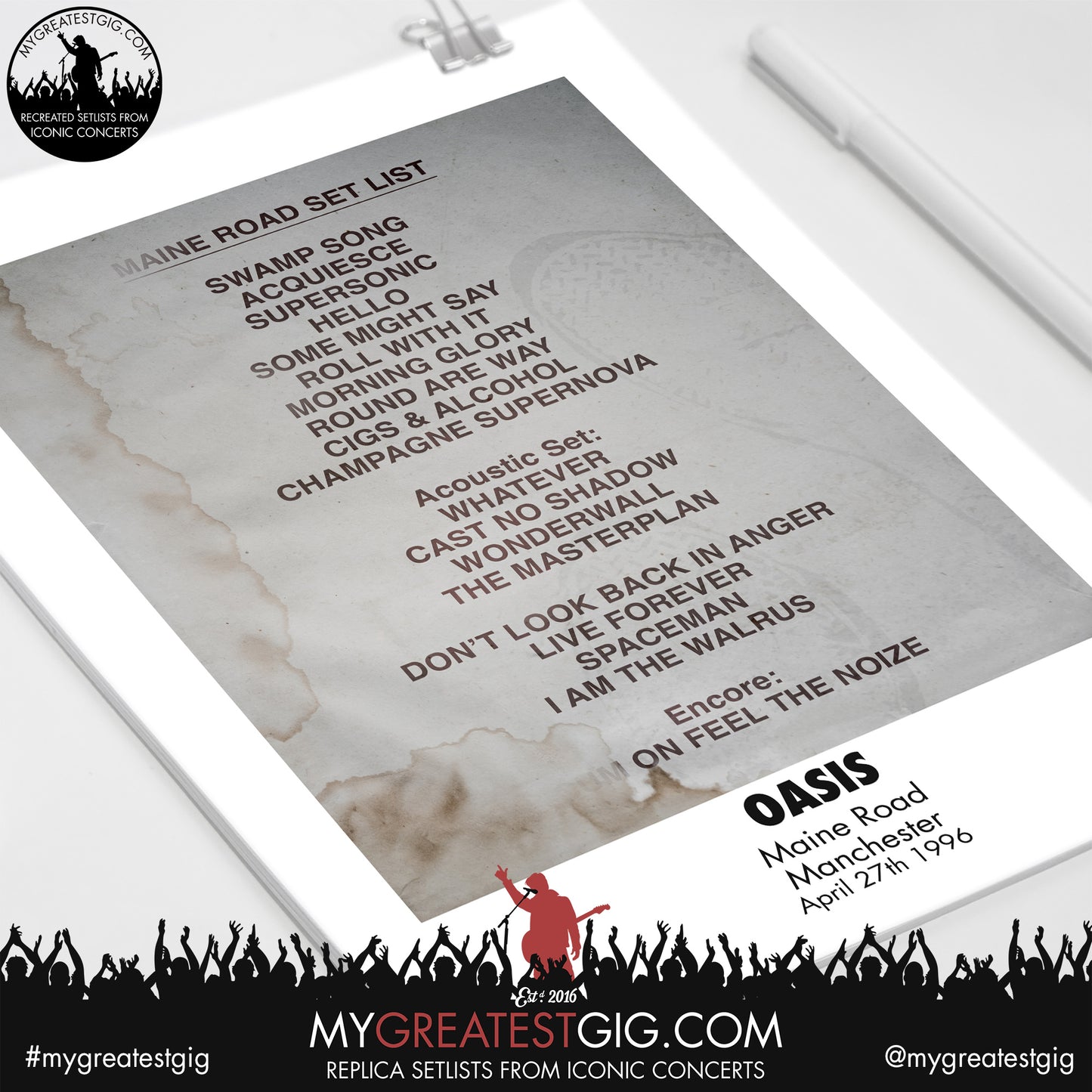 Oasis - Manchester - Maine Road - Apr 27th 1996 Recreated Set List Poster