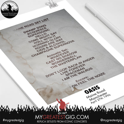 Oasis - Manchester - Maine Road - Apr 27th 1996 Recreated Set List Poster