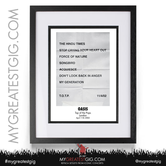 Oasis - Top Of The Pops - April 11th 2002 Replica Setlist Poster