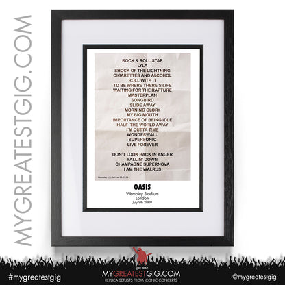 Oasis - Wembley Stadium - July 9th / 11th / 12th 2009 Replica Set List Poster