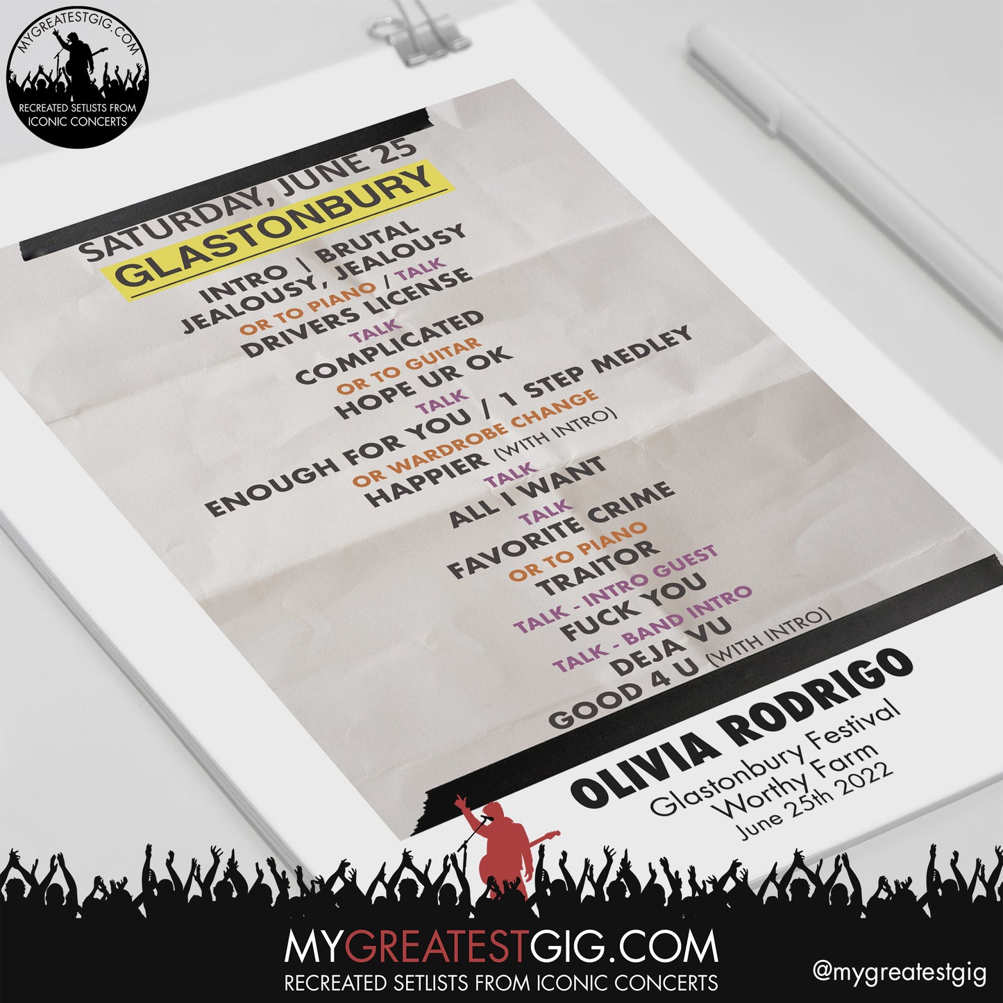 Olivia Rodrigo - Glastonbury Festival - June 25th 2022 Recreated Setlist Poster