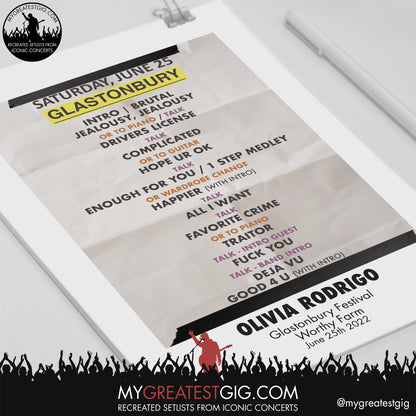 Olivia Rodrigo - Glastonbury Festival - June 25th 2022 Recreated Setlist Poster