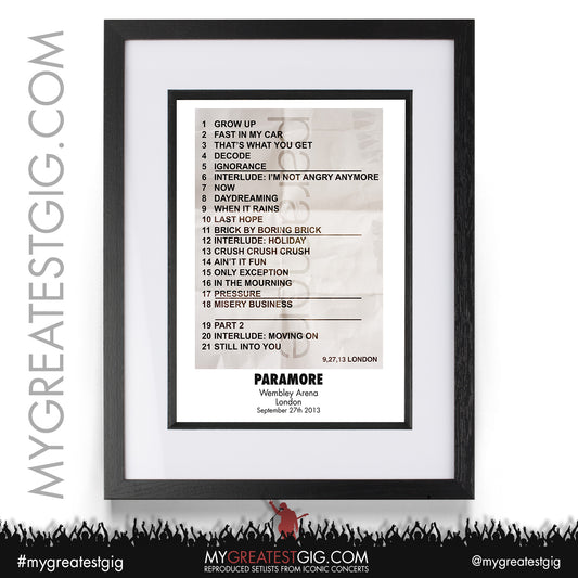 Paramore - Wembley Arena - September 27th 2013 Recreated Setlist Poster