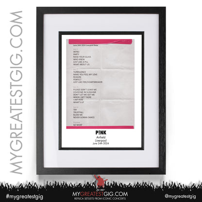 Pink - Liverpool - June 24th 2024 Replica Setlist Poster