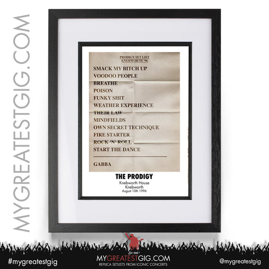The Prodigy - Knebworth - August 10th 1996 Replica Setlist Poster