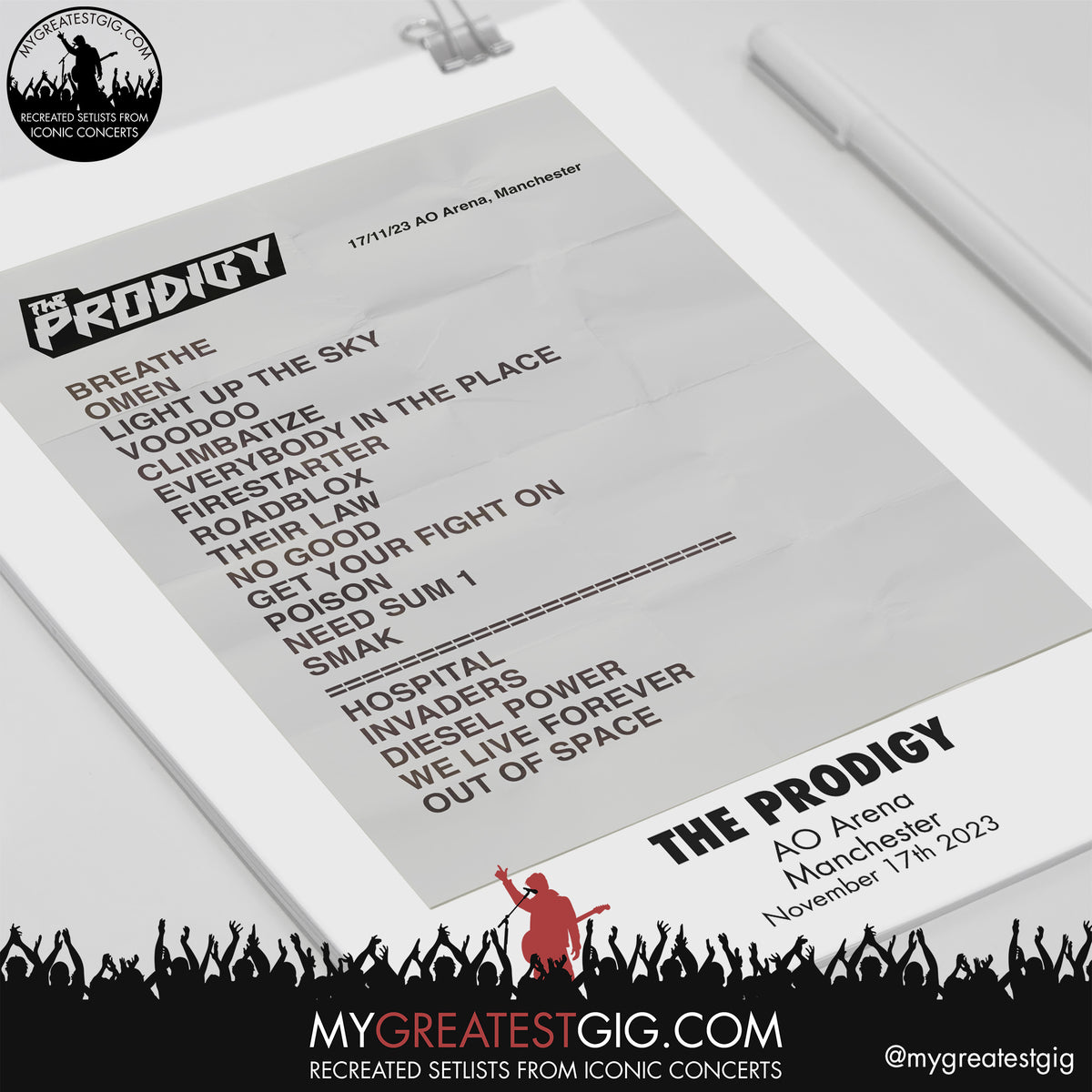 The Prodigy - Manchester - November 17th 2023 Recreated Setlist Poster ...