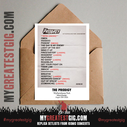 The Prodigy - Warrior's Dance Tour 2026 -  Replica Setlist Posters
