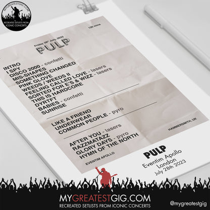Pulp - London - July 28th 2023 Recreated Setlist Poster