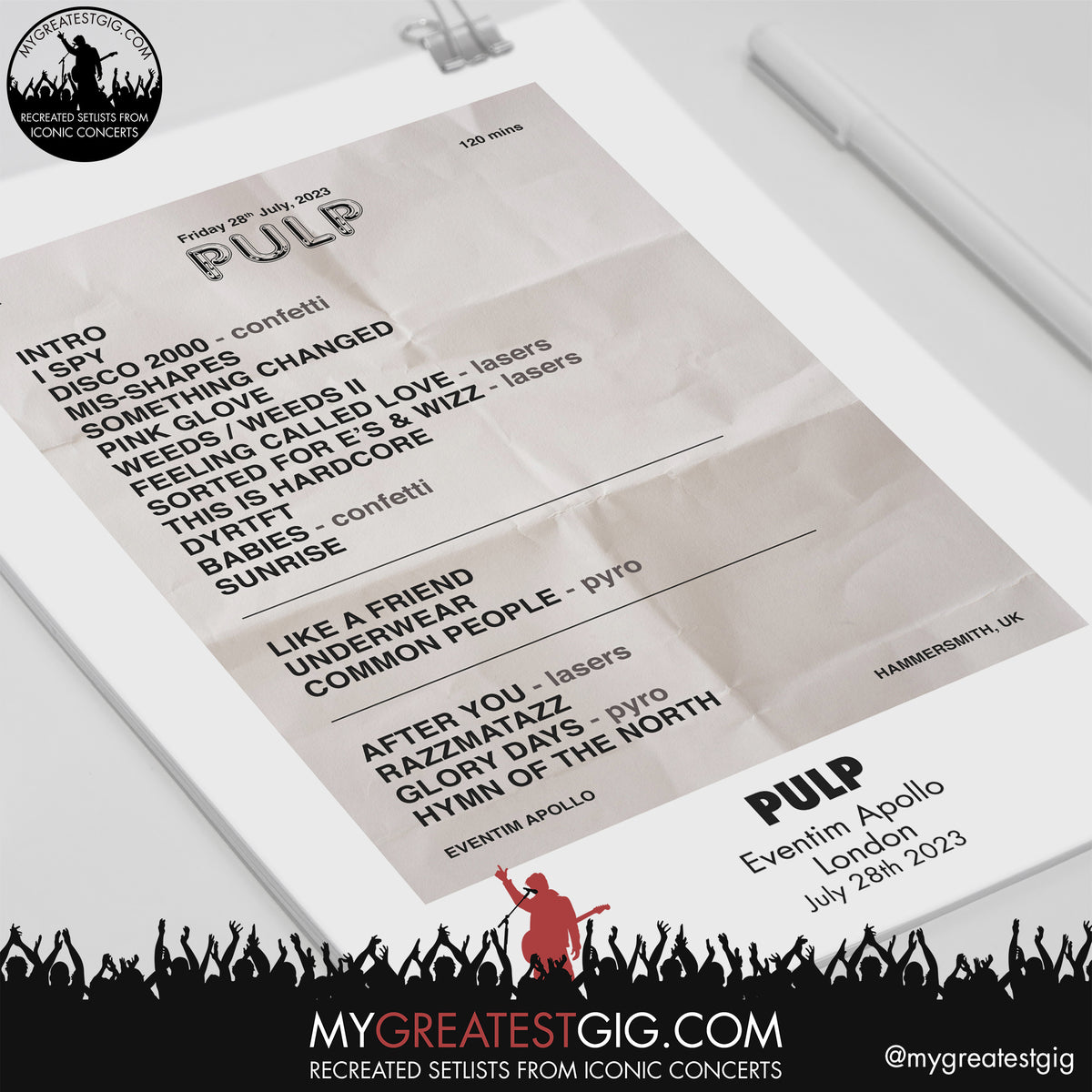 Pulp London July 28th 2023 Recreated Setlist Poster My Greatest Gig