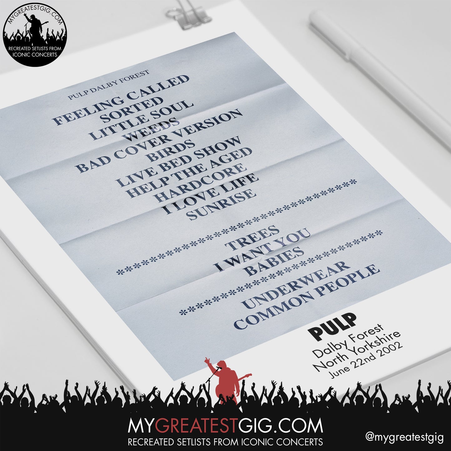 Pulp - Dalby Forest - June 22nd 2002 Recreated Setlist Poster