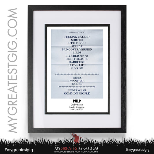 Pulp - Dalby Forest - June 22nd 2002 Recreated Setlist Poster
