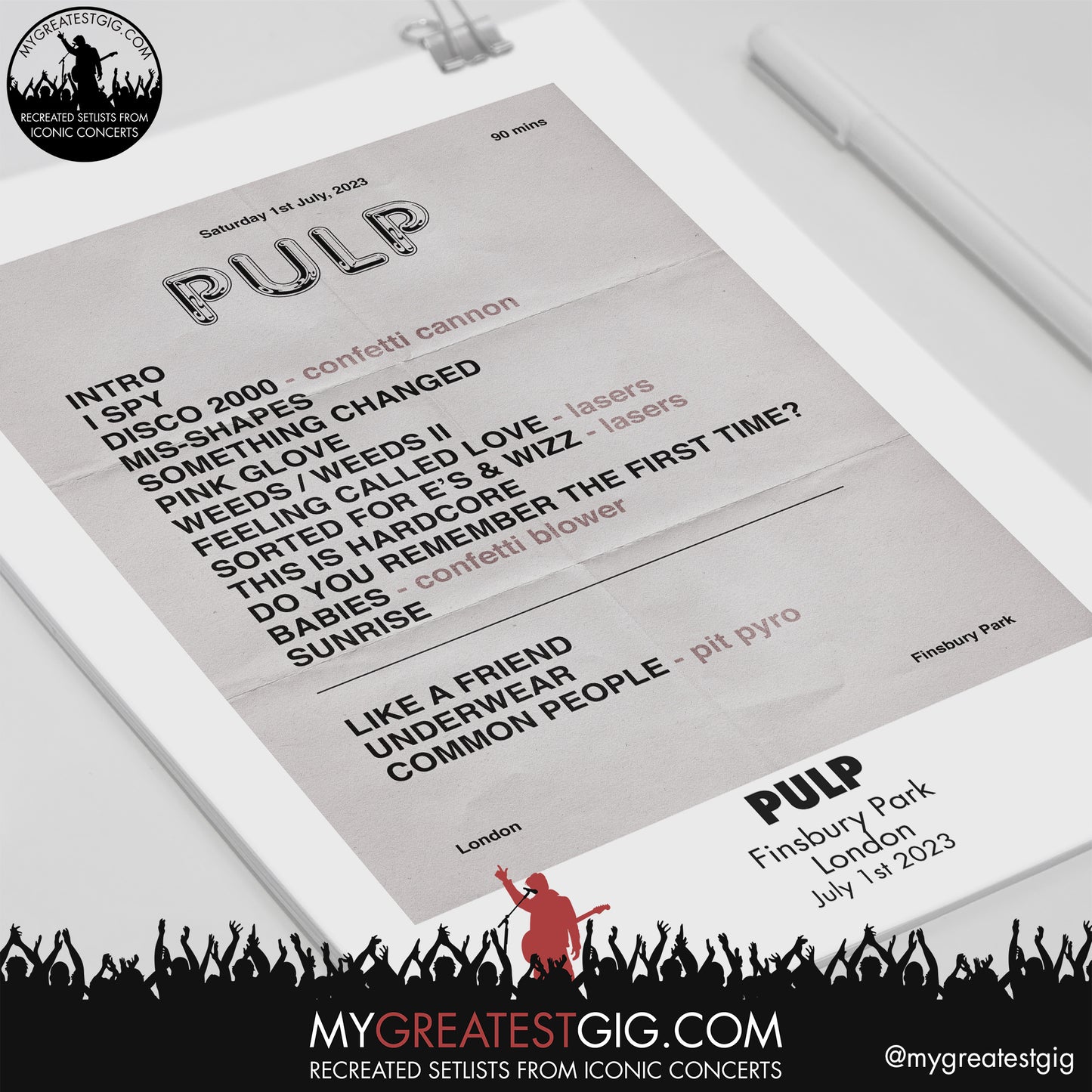 Pulp - Finsbury Park - July 1st 2023 Recreated Setlist Poster