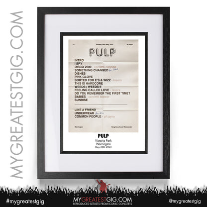 Pulp - Warrington - May 28th 2023 Recreated Setlist Poster