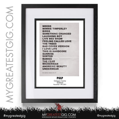 Pulp - Sheffield - November 19th 2001 Recreated Setlist Poster