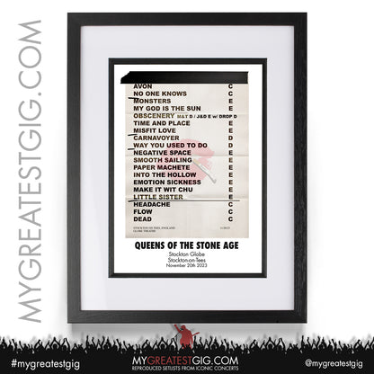 Queens Of The Stone Age - Stockton - November 20th 2023 Recreated Setlist Poster