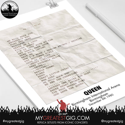 Queen - Birmingham - December 6th 1980 Replica Setlist Poster