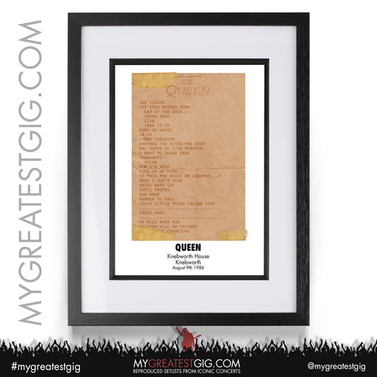 Queen - Knebworth - August 9th 1986 Recreated Setlist Poster