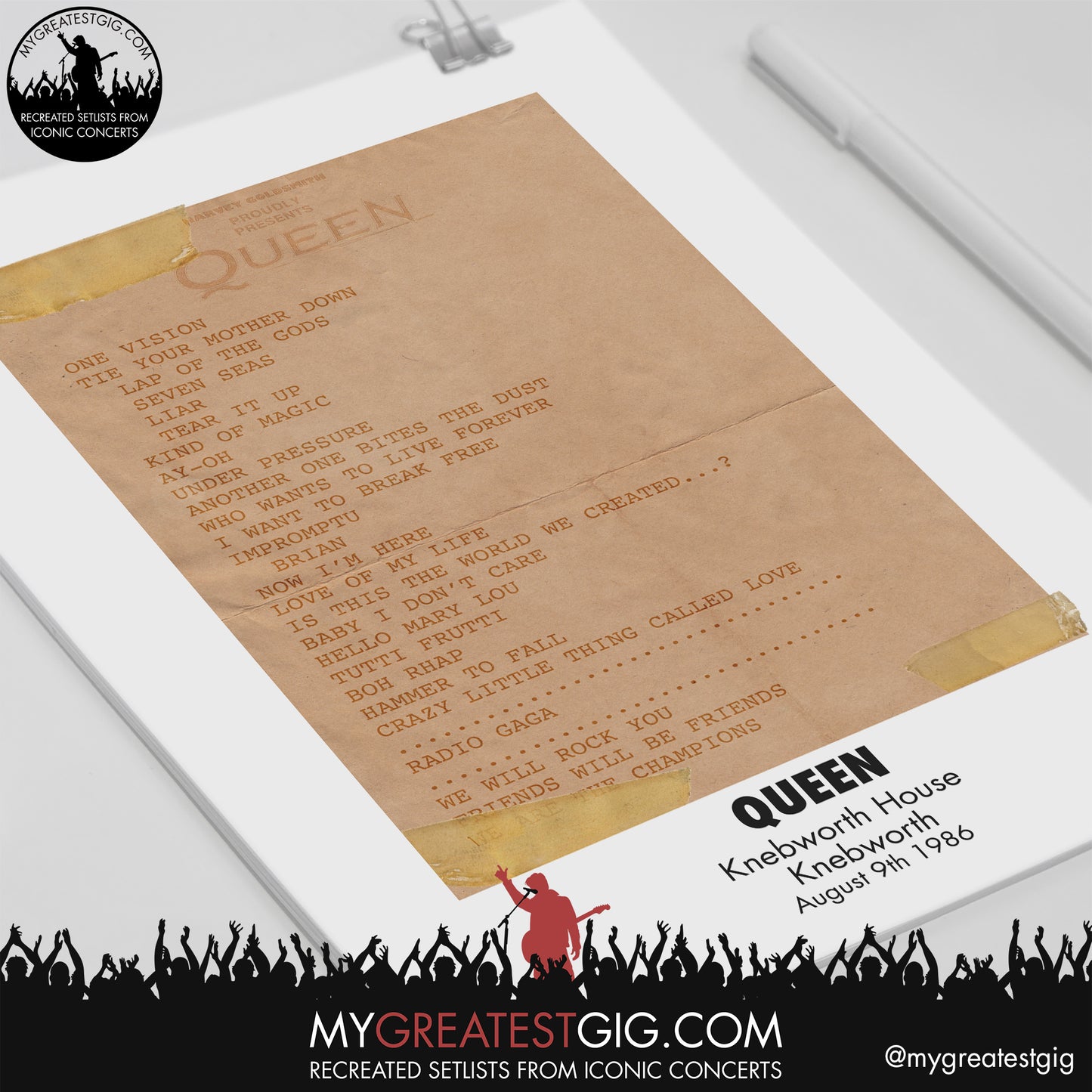 Queen - Knebworth - August 9th 1986 Recreated Setlist Poster