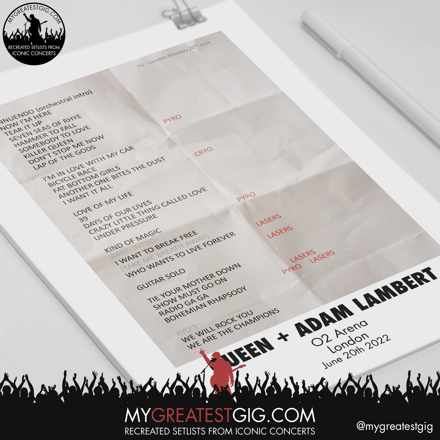 Queen + Adam Lambert - London - June 20th 2022 Recreated Setlist Poster