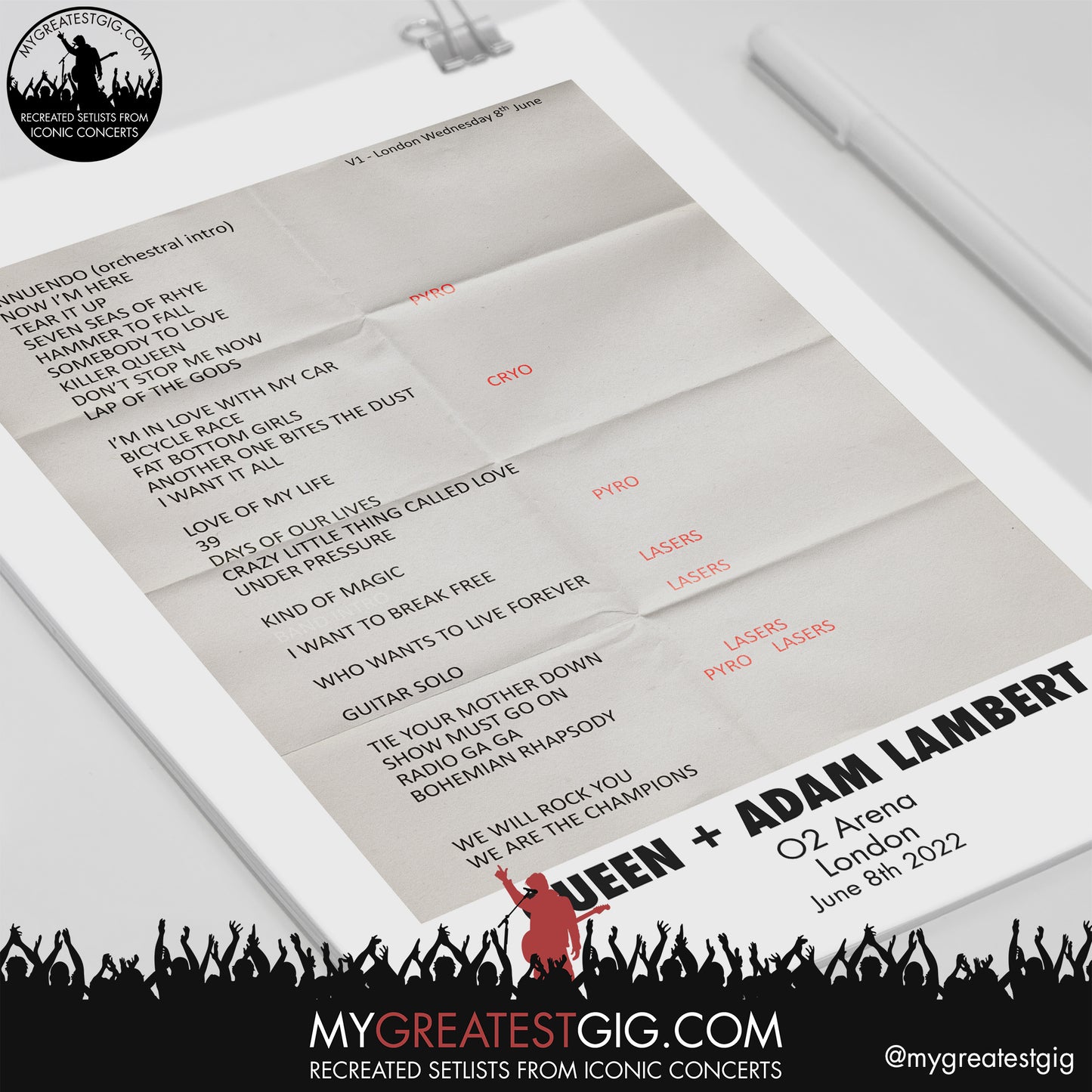 Queen + Adam Lambert - London - June 8th 2022 Recreated Setlist Poster