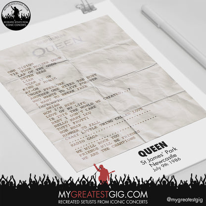 Queen - Newcastle - July 9th 1986 Recreated Setlist Poster