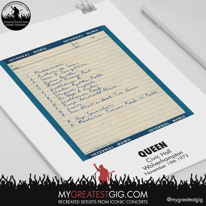 Queen - Wolverhampton - November 19th 1973 Recreated Setlist Poster