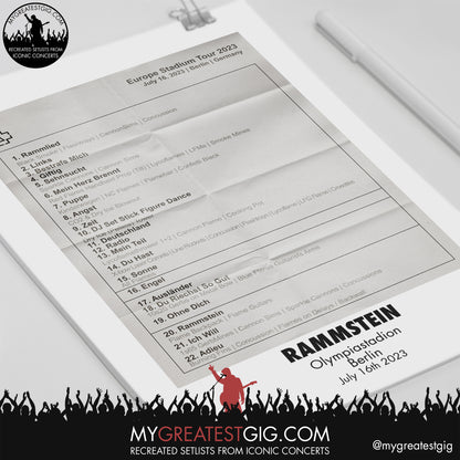Rammstein - Berlin - July 16th 2023 Recreated Setlist Poster