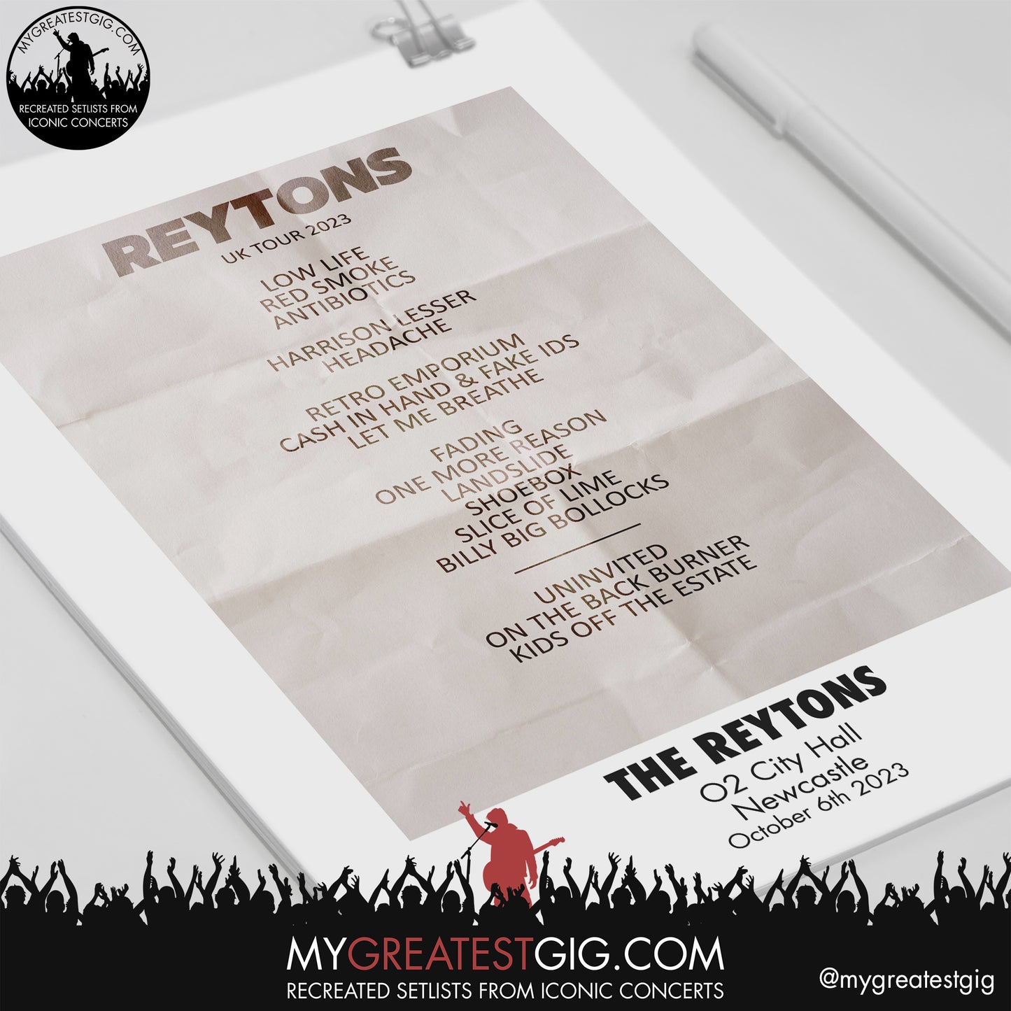 The Reytons - Newcastle - October 6th 2023 Recreated Setlist Poster